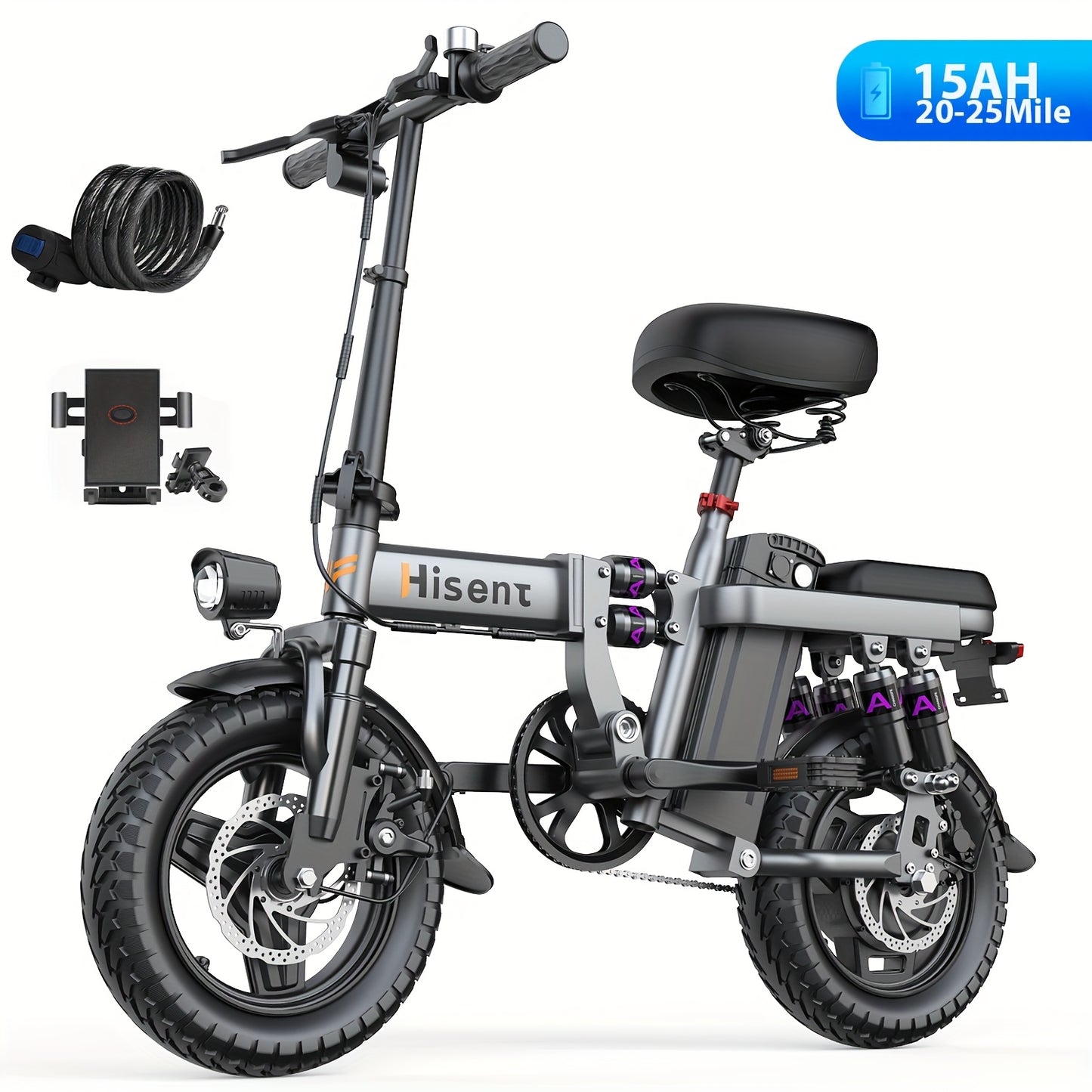 Hisent 740W Folding Electric Bike Is Suitable for Both Adults And Teenagers.14" Tires, 740W Brushless Motor, 48V 6A/10A/15A/17.5A Lithium Battery, Range Of 8-35 Miles, Multiple Shock Absorbers, Alloy Steel Frame, LCD Display
