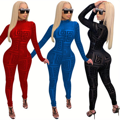 Women's Sexy One-Piece Outfit - Non-Transparent Long Sleeve Jumpsuit, Machine Washable Party & Everyday Jumpsuit for Women (S-XXL) - D9459