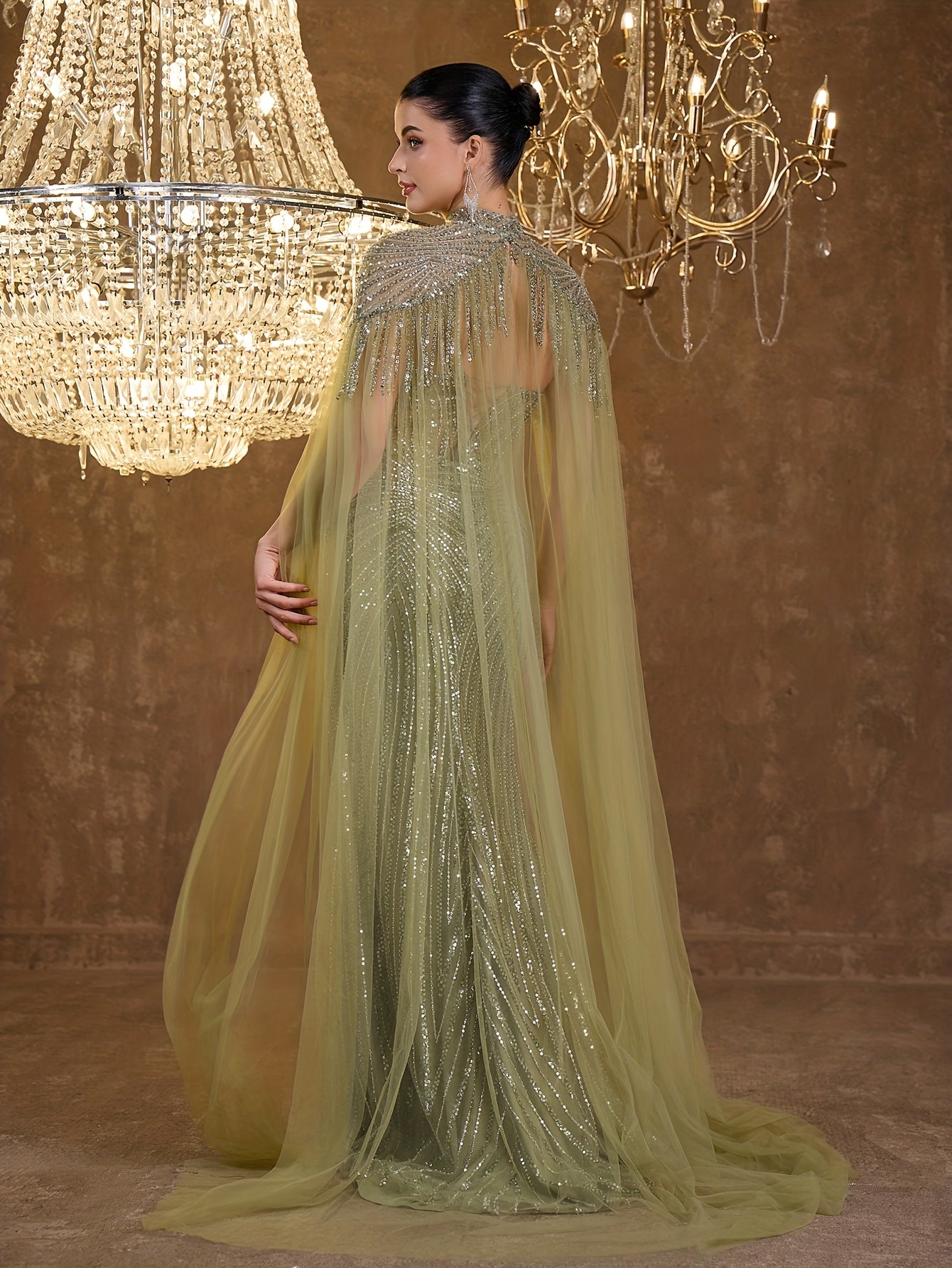 An Elegant And Sexy Evening Gown Featuring a High Neckline, 3D Petal Appliqués, And Flowing Tassels, Adorned with Sequins And Lace on The Bodice