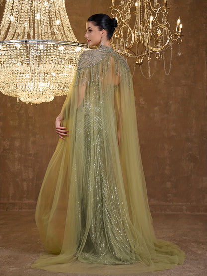 An Elegant And Sexy Evening Gown Featuring a High Neckline, 3D Petal Appliqués, And Flowing Tassels, Adorned with Sequins And Lace on The Bodice