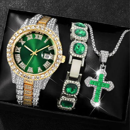 [Men's Watch Set] Luxury Men's Watch Set, Including Artificial Gemstone Bracelet and Cross Necklace, Roman Numeral Watch, Inlaid with Artificial Rhinestones, Perfect Gift for Men, Party Essentials