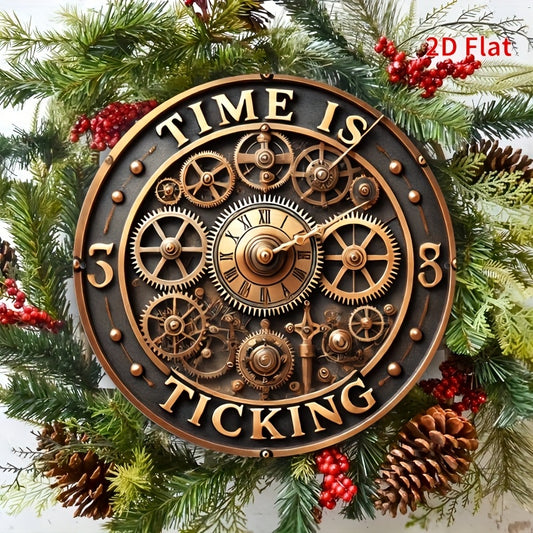 [2D Flat] 1pc Vintage-Inspired 8x8" Time Is Ticking Wall Clock with Gear Design - Rustic Iron Decor for Home, Office, or Study, Ideal Gift for History Enthusiasts and Vintage Style Lovers, Vintage Wall Clock | Vintage Wall De