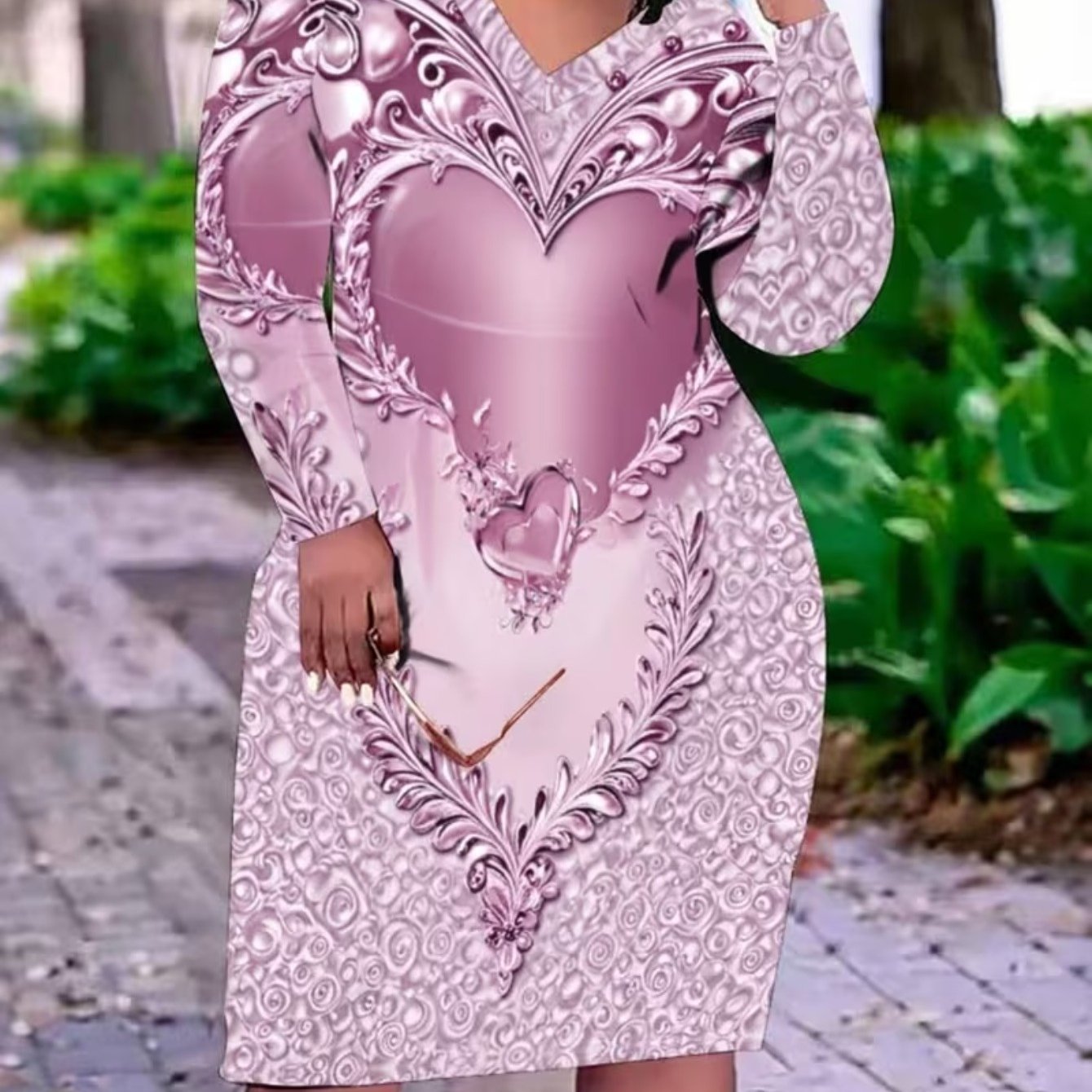 Plus Size, Plus Size - Ladies' Fashionable Long-sleeved Dress | Valentine's Day Printed Pattern, Versatile and Casual, Fashionable and Elegant, V-neck, Fitted, Slight Stretch Fabric