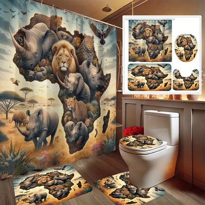 4pcs African Animal Totem Shower Curtain Set, Decoration Bathroom Set Includes 2D Flat Printed Shower Curtain, Non-Slip Floor Mat, Toilet Lid, Bathroom Mat And 12 Plastic Hooks, Bathroom Accessories, Home Decor, Dorm Room Dec