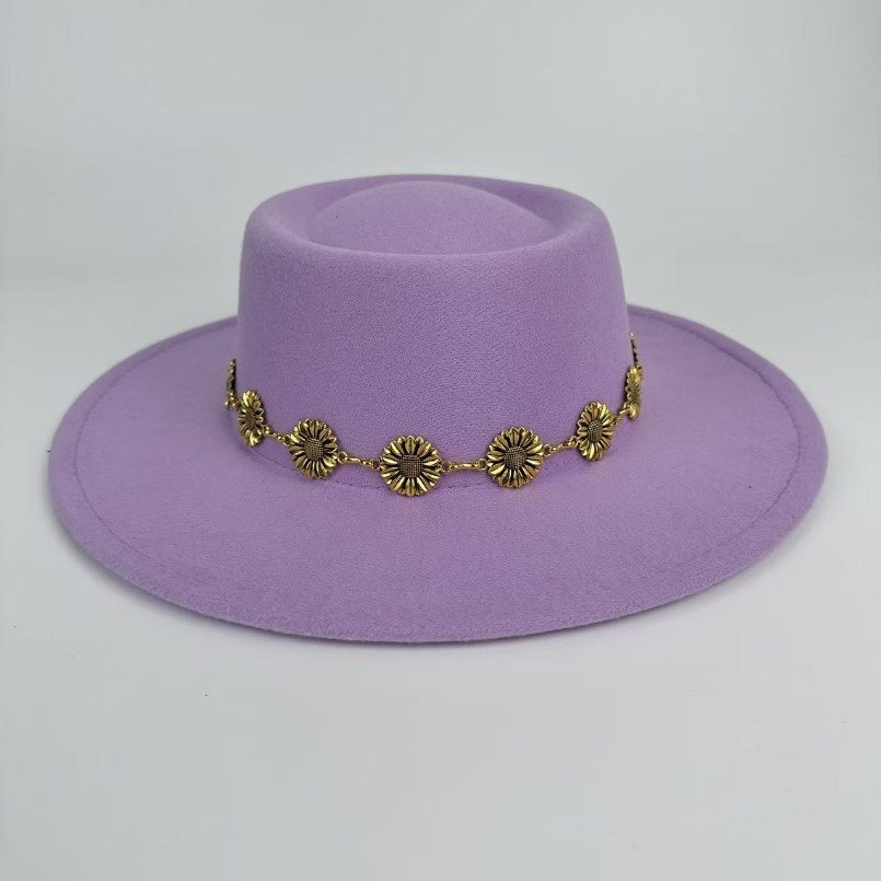 1pc Bohemian-style Unique and Fashionable Felt Hat - Decorated with Exquisite Golden Flower Chain Fedora Hat - Suitable for Daily Street Style, Music Festival Outfits, Bohemian-inspired Looks, Casual Outings and Trendy Season