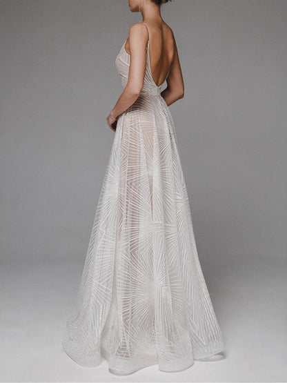 Geometric Beaded Spaghetti Strap V-Neck Flared Wedding Dress, Lightweight Tulle Fitted Gown, Simple and Elegant Style
