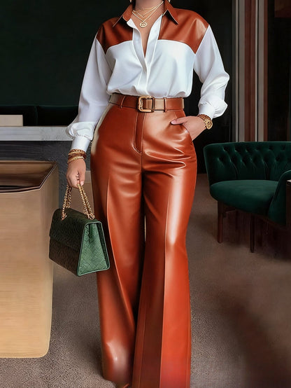 ARTPAGE Office Commuting Leather Pants Outfit, Long Sleeve Shirt + High-Waisted Wide-Leg Leather Pants Two-Piece Set