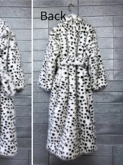 Ladies' Faux Jacket - Black And White Dalmatian Pattern Fluffy Outerwear for Fall/Winter 2025. Vegan-Friendly Fox Coat for Women - Oversized Spotted Black And White Jacket - Cozy And Fashionable Winter Outerwear. New Women'S