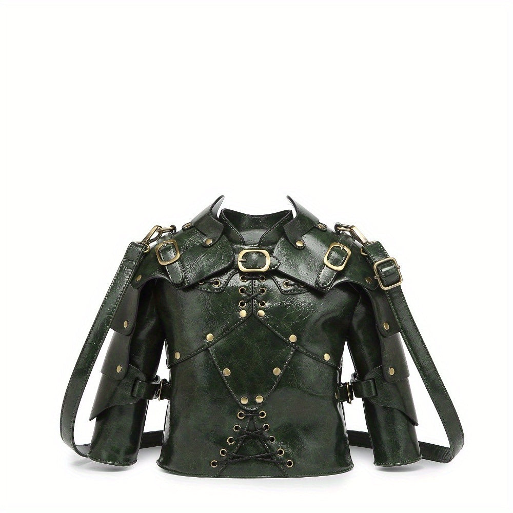 Punk Vintage Style Crossbody Bag Gothic Rivet Crossbody Bag - Double Zipper Pockets, with Adjustable Shoulder Strap, Dark Industrial Medieval Style, Armor Shaped Street Single Shoulder Bag for Men and Women