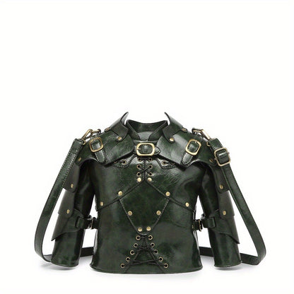 Punk Vintage Style Crossbody Bag Gothic Rivet Crossbody Bag - Double Zipper Pockets, with Adjustable Shoulder Strap, Dark Industrial Medieval Style, Armor Shaped Street Single Shoulder Bag for Men and Women