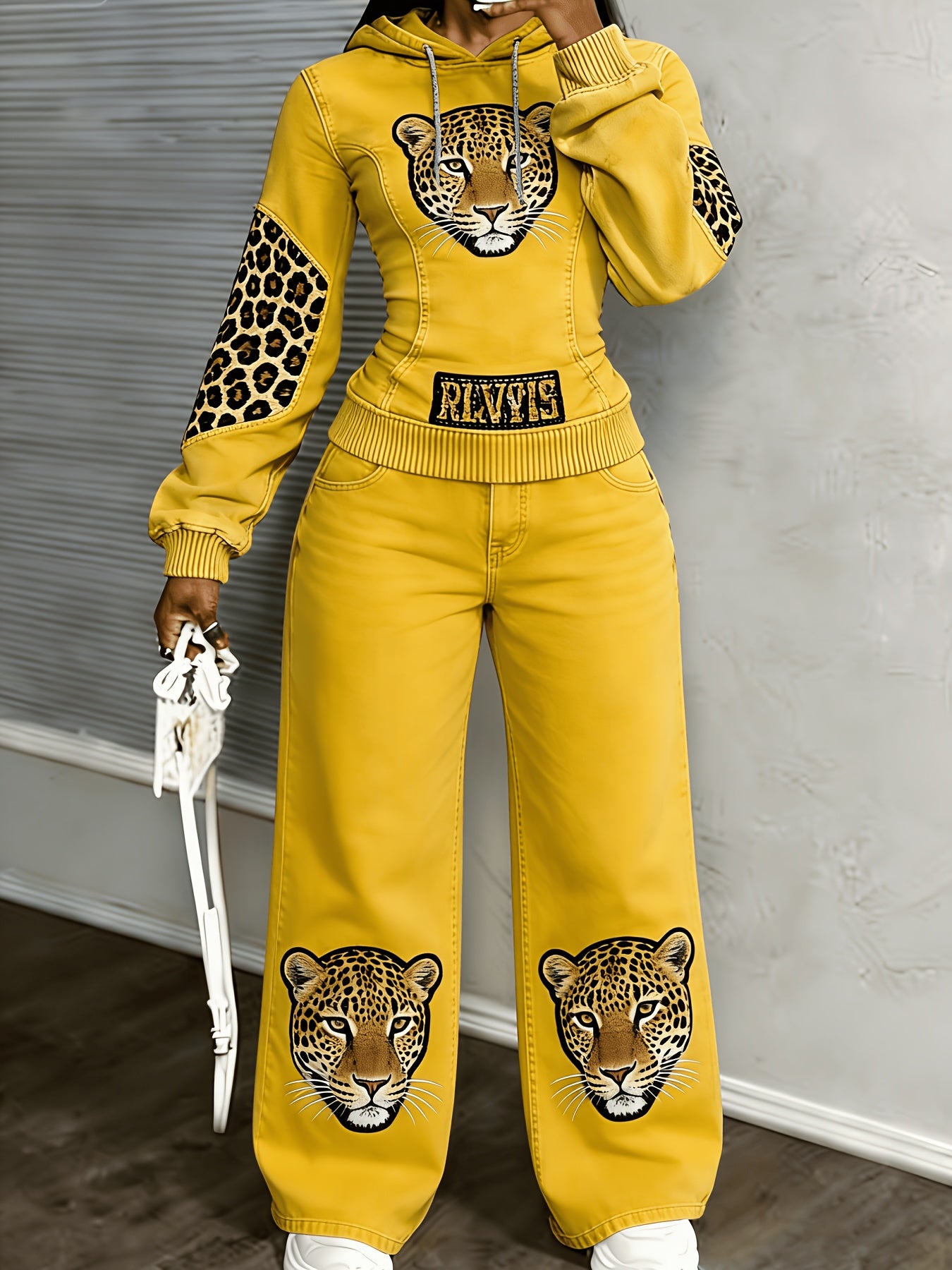 [Printed Pants - Not Denim Fabric] [Non-denim] Women's Flat Print Trendy Casual Long-Sleeved Hooded Drawstring Sport Top + High-Waisted Sport Pants]