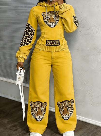 [Printed Pants - Not Denim Fabric] [Non-denim] Women's Flat Print Trendy Casual Long-Sleeved Hooded Drawstring Sport Top + High-Waisted Sport Pants]
