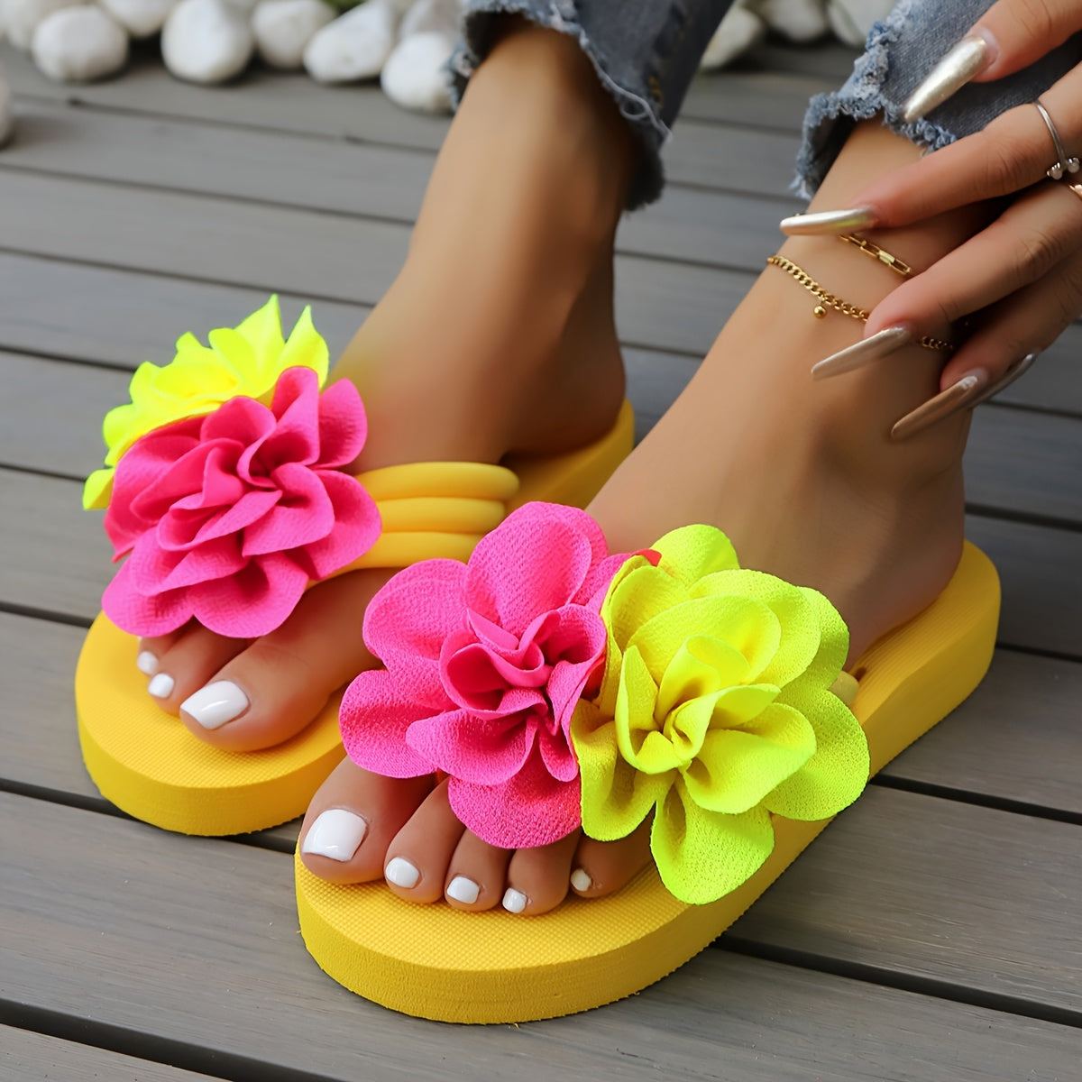 Women's Slip-On Floral sandal - Slipresistant Rubber Sole, Pink & Yellow Floral pattern, Cushioned insole - All-Season Beach, Casual, Formal Footwear - Easy-Clean Women's Shoes