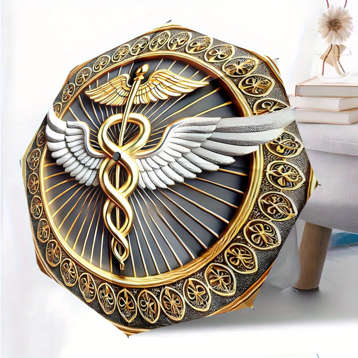 Automatic Folding Umbrella with Caduceus Symbol (Wings & Snakes) - Automatic Open/Close, Compact Travel Umbrella, Elegant Golden/Black Medical Design for Doctors, Nurses, Pharmacists - Birthday/Christmas Gift Idea, Outdoor Ac
