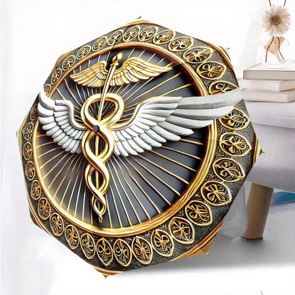 Automatic Folding Umbrella with Caduceus Symbol (Wings & Snakes) - Automatic Open/Close, Compact Travel Umbrella, Elegant Golden/Black Medical Design for Doctors, Nurses, Pharmacists - Birthday/Christmas Gift Idea, Outdoor Ac