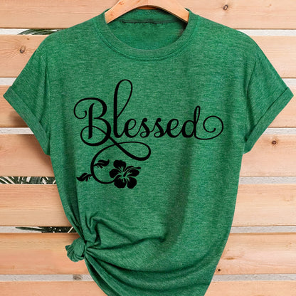 Women's Casual Short Sleeve T-Shirt - Blessed Floral Print Retro Style, Soft Stretch Round Neck Top, Machine Washable All-Season Comfort, Multi-Color Options S-XXL, Ladies T Shirts