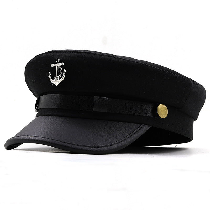 Women's Nautical Anchor Beret Hat - Red & Black Yacht with White Anchor Emblem, Adjustable Buckle Closure, Large Head Size for Face, All-Season Lightweight French-Style for Sailing, Parties & Maritime Events