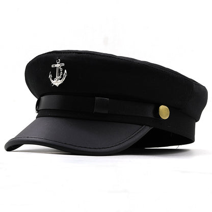 Women's Nautical Anchor Beret Hat - Red & Black Yacht with White Anchor Emblem, Adjustable Buckle Closure, Large Head Size for Face, All-Season Lightweight French-Style for Sailing, Parties & Maritime Events