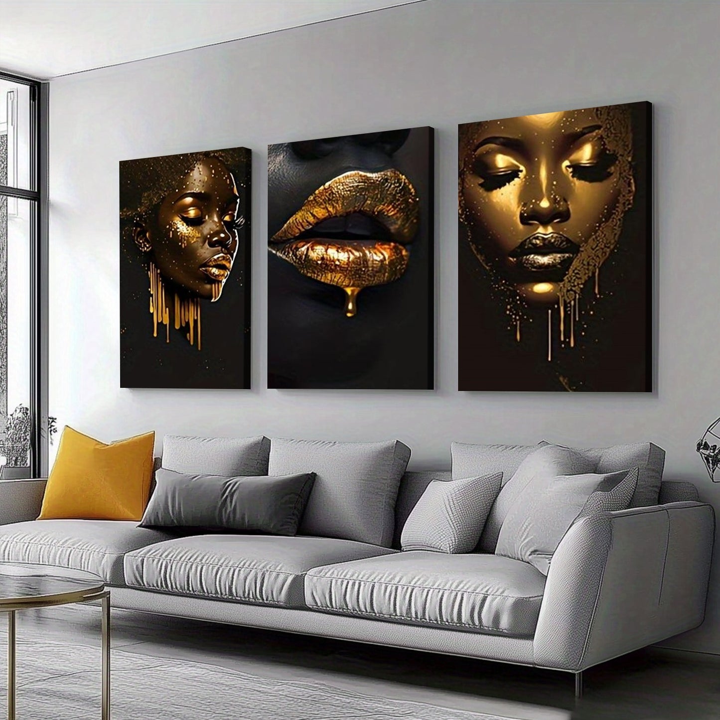 3pcs inset wood framed canvas paintings Golden and black portrait with bold lipshome decor and accessorie