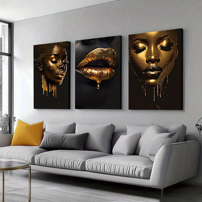 3pcs inset wood framed canvas paintings Golden and black portrait with bold lipshome decor and accessorie