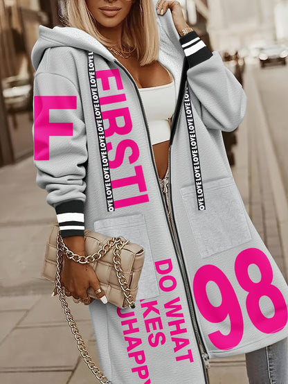 Women's Winter Hooded Jacket with 'LOVE' Lettering & -1 Zippered Coat, Striped Cuff & Pocket Design, Casual Warm Outerwear for Fall/Winter, (Machine Washable) - Everyday Outer Layer, Sweater-like Blazer Style