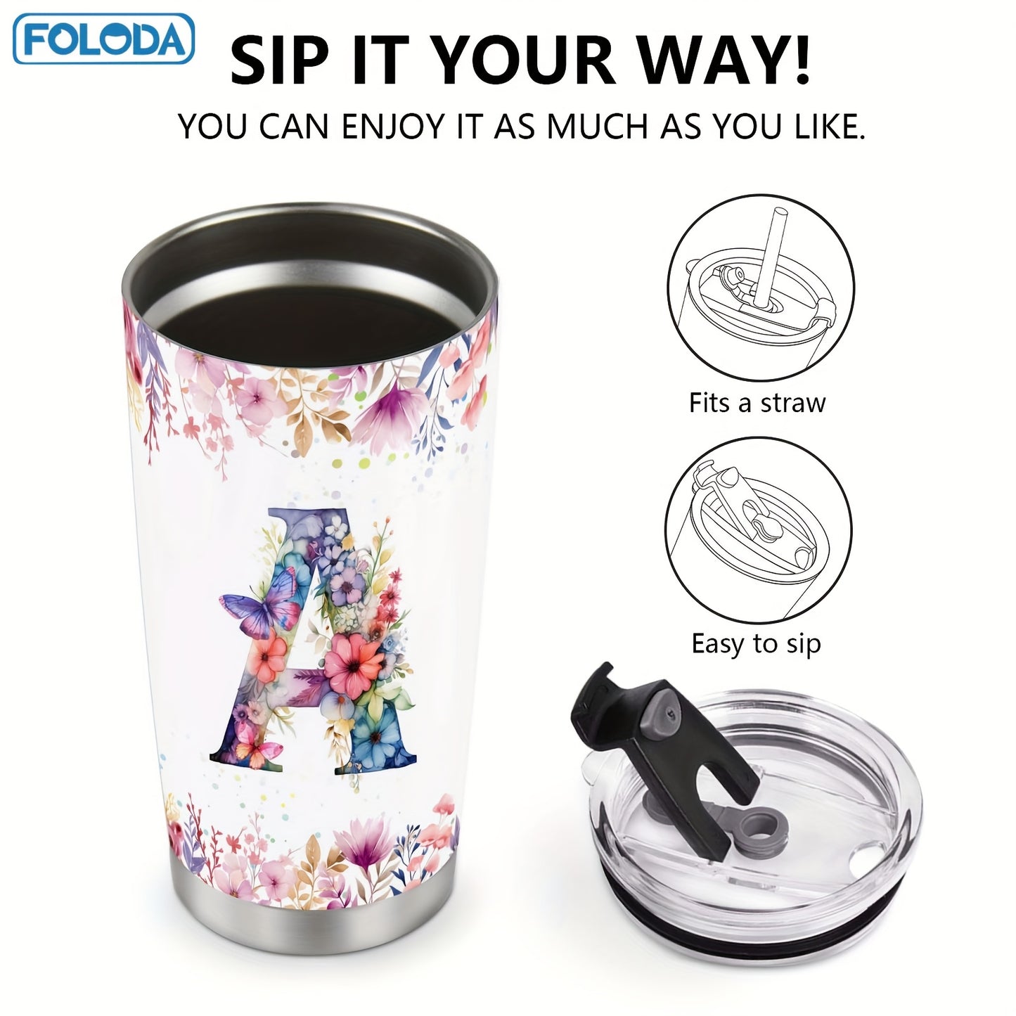 Foloda 1pc Personalized Flower Initials Tumbler Christmas Gift 20oz Mug with Letter Flower Butterfly, Travel Cup for Wedding Birthday Graduation Party, Birthday Valentine's Day Mother's Day Gifts Stainless Steel Mug with Lid