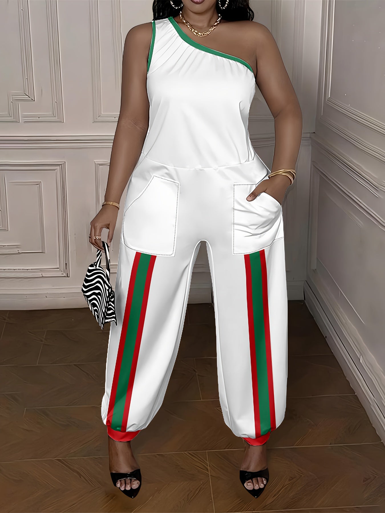 Women'S Elegant Off-the-Shoulder Harem Pantjumpsuit - Black & Green Striped Digital Print, Sleeveless Regular Fit Long Length Casual Streetwear for Spring Summer Fall, Versatile Outfit, Comfortable Wear