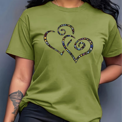 Women's Casual Short Sleeve T-Shirt with Rhinestone-Embellished Heart Print - Round Neck Relaxed Fit, Medium Stretch Fabric, Machine Washable, All-Season Versatile Top for Casual Attire & Vacations (S-XXL, Multi-Color Options