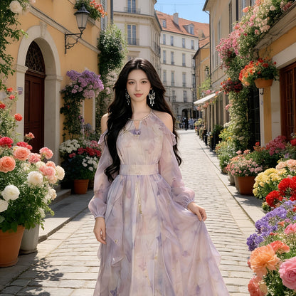 French Style Halter Neck Off-the-Shoulder Floral Chiffon Dress for Women, Super Fairy Waist-Cinched Flowy Maxi Dress with Gentle & Feminine Vibe for Spring And Summer; Irregular Ruffled Waist-Cinched Long-Sleeve Printed Maxi