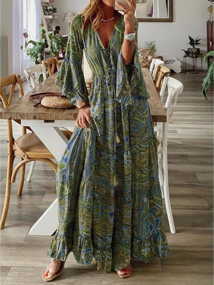 Women'S Autumn Fashion, Chic V-Neck Waist, A-Line Small Floral Design, Sophisticated Feminine Dress, Long Skirt
