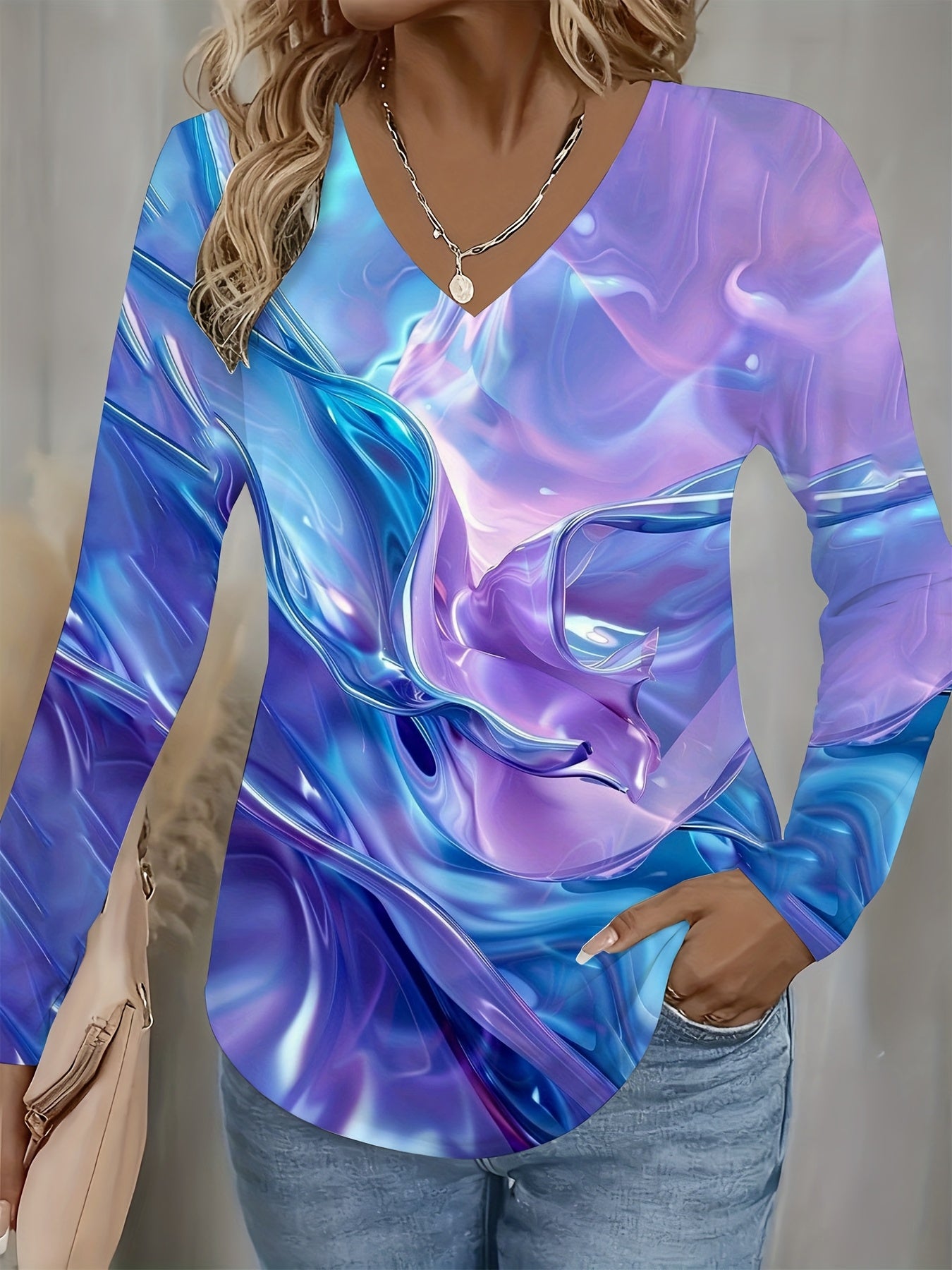 Women'S Shiny Blue Purple Liquid V-Neck Long Sleeve T-Shirt | Al-Over Print Ombre Marbled Pattern, Casual to Semi-Formal Wear, All-Season Comfort, Versatile for Daily Outfits, Weekend & Holiday Events