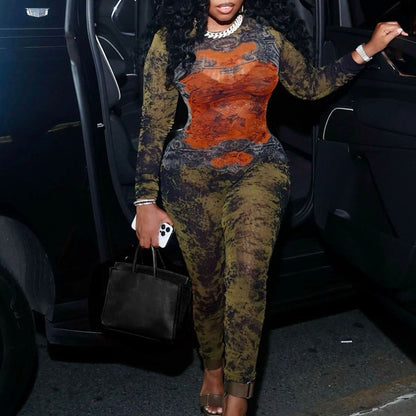 LUCKFOX Sexy Street Trend Digital Printing Long Sleeve Jumpsuit Women | Deep V Neck, Perfect for Spring/Summer/Fall