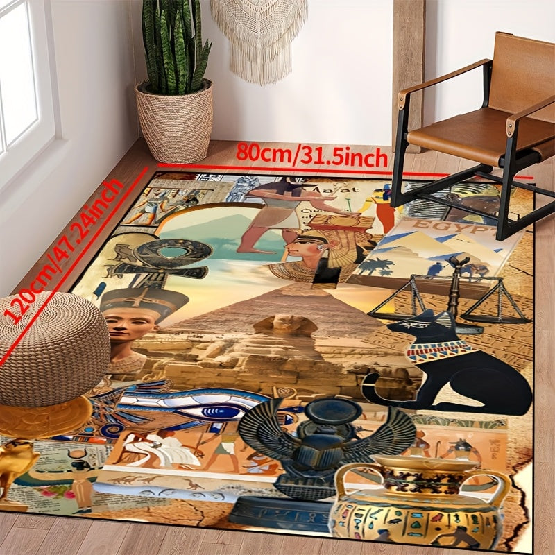 1pc Non-Slip High Quality Machine Washable Mat - Egyptian-Themed Polyester Mat with Hieroglyphics & Pharaohs Design, Large Area Mat for Indoor/Outdoor Use in Entryway, Living Room, Bedroom, Patio, Garden - Home Decor, Washabl