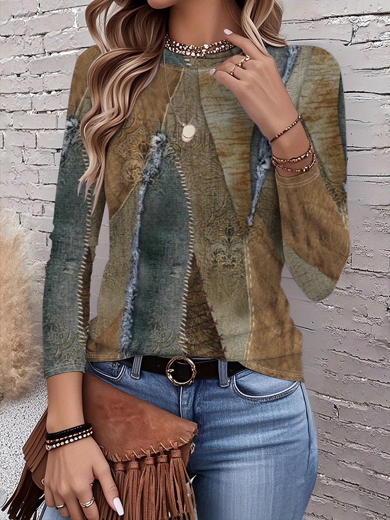 Women'S Casual Crew Neck T-Shirt with Intricate Floral Print - Short Sleeve Round Neck Top, Vibrant Green & Brown Leaf Pattern, Breathable Fabric, Spring/Fall Layering Essential for Casual & Semi-Formal Outfits, Versatile Eve