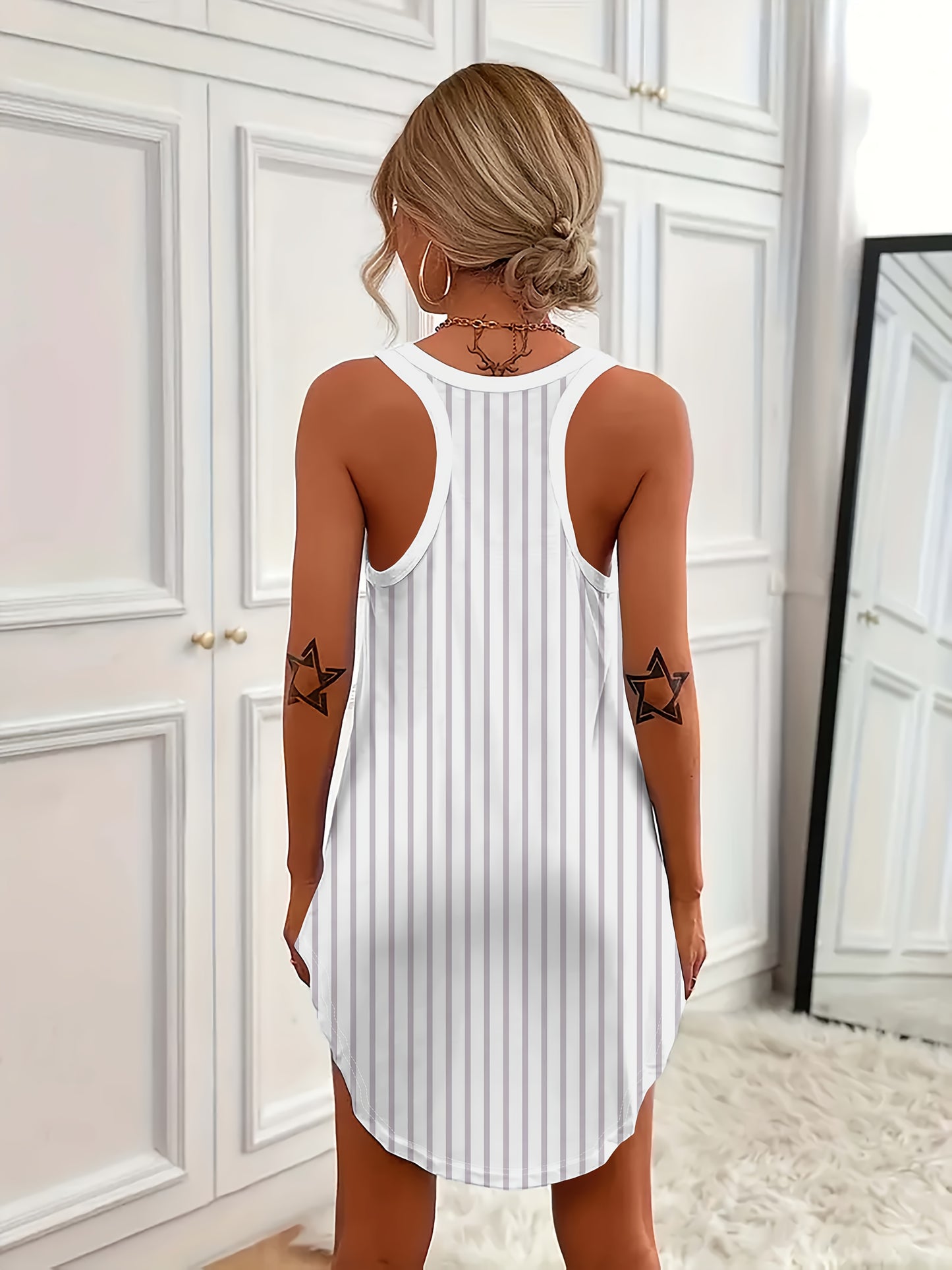 ' "23" Number & Star Print Sleep Dress - Short Front/Long Back Asymmetrical Nightgown, Sleeveless High-Elasticity Vest Skirt for all- Nightwear (Pajama Dress) - Hand Wash/Dry