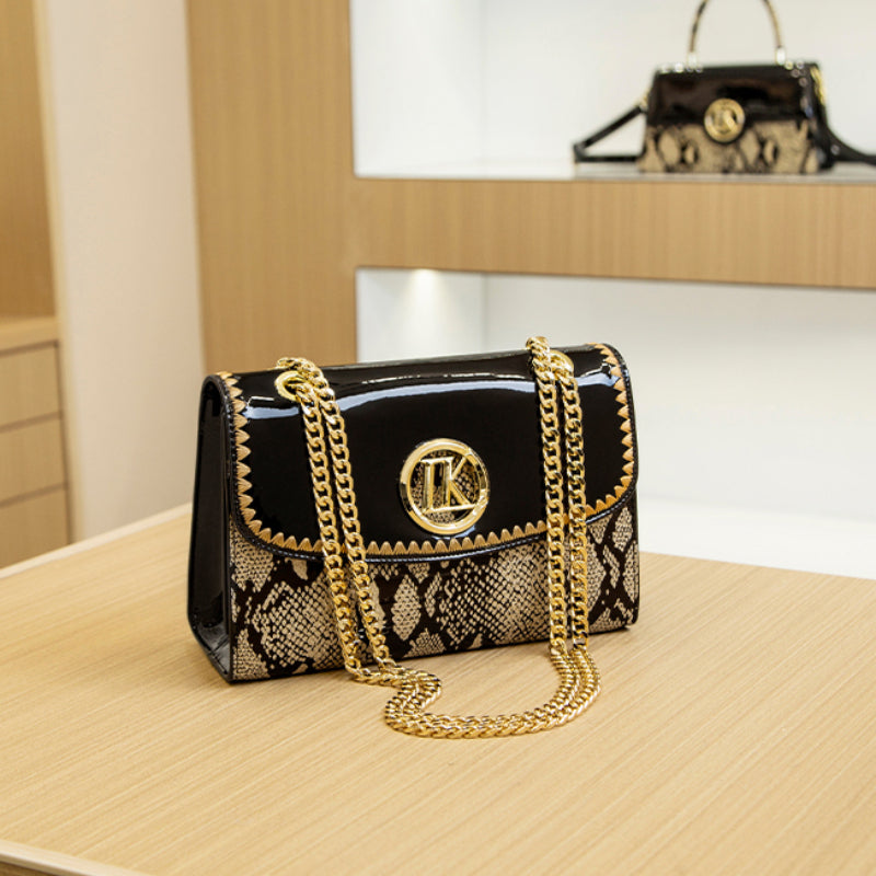 Stylish Black Snake Pattern Crossbody Bag for Women with Golden-Tone Hardware & Chain Strap - Elegant Glossy Finish, Zip Closure, Polyester Lining, Perfect for Casual or Formal Occasions