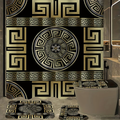 1/4pcs Golden Glitter, Geometric Pattern Bathroom Set, High Quality and Multifunctional Shower Curtain with 12 Hooks, Nonslip Bathroom Mat, Ushaped Toilet Mat, Toilet Seat Mat, Bathroom Decoration, Bathroom Partition, Room De