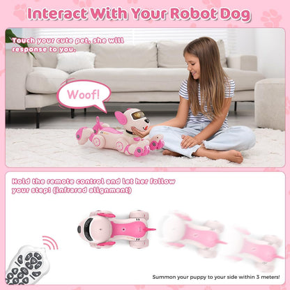 VATOS Interactive Robot Dog Toy with Voice Control & Remote, Smart Robotic Puppy with Touch Sensors, 20+ Responses, Programmable Moves, USB- Interactive Learning Toy with Expressive Eyes & Bark, for Boys & Girls Ages 3+ (Pink