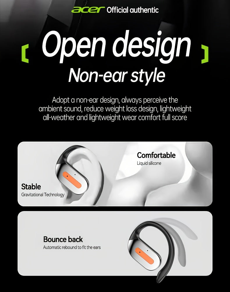 Acer True Wireless Earphones with Microphone, TWS Headphones, Touch Volume, Wireless Sports Earhooks, LED Display Charging Case, Half Open Back, HD Talk, Compatible with Mobile Phones, Rechargeable Battery, Type-C Charging, S