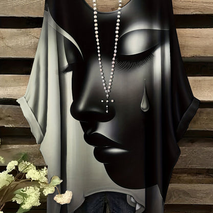 Plus Size - Casual Elegant Comfortable Crew Neck Short Sleeve T-Shirt | Large Size, Tearful Dream Portrait Print, No Accessories