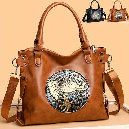 Women'S Large Capacity Tote Bag with Adjustable Strap - Elegant Black & Golden Animal Print (Elephant, Leopard, Lion, Tiger, Dragon) - Durable Synthetic Faux Leather-like Texture, Spacious Everyday Purse for Work, Travel, Ver