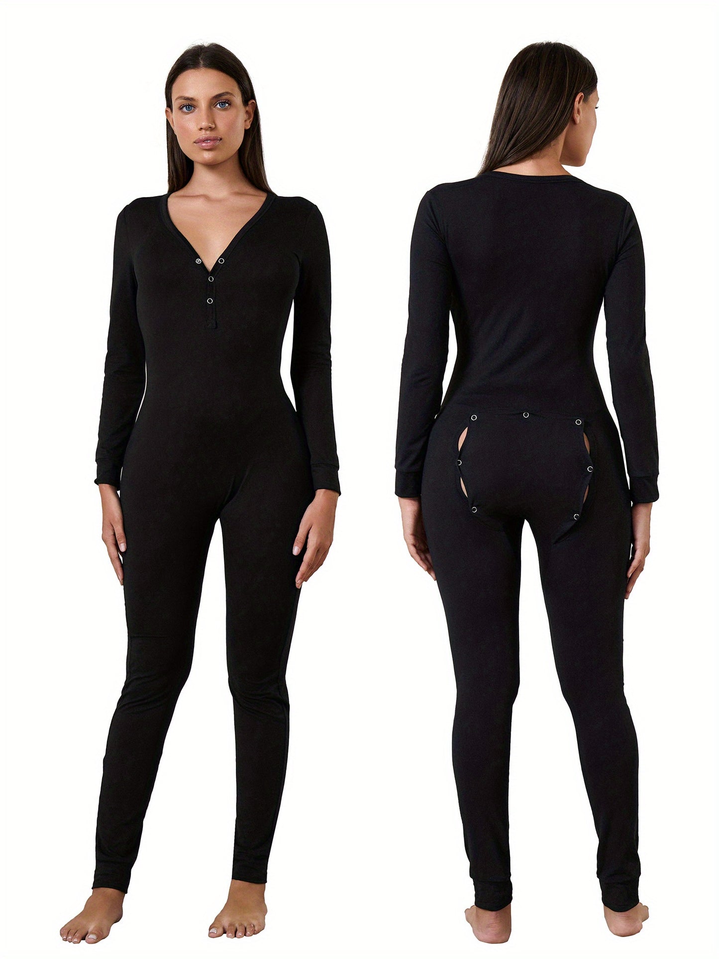Women Functional Buttoned Flap Jumpsuit Sleepwear Solid Color Printed Long Sleeve Homewear Pajamas