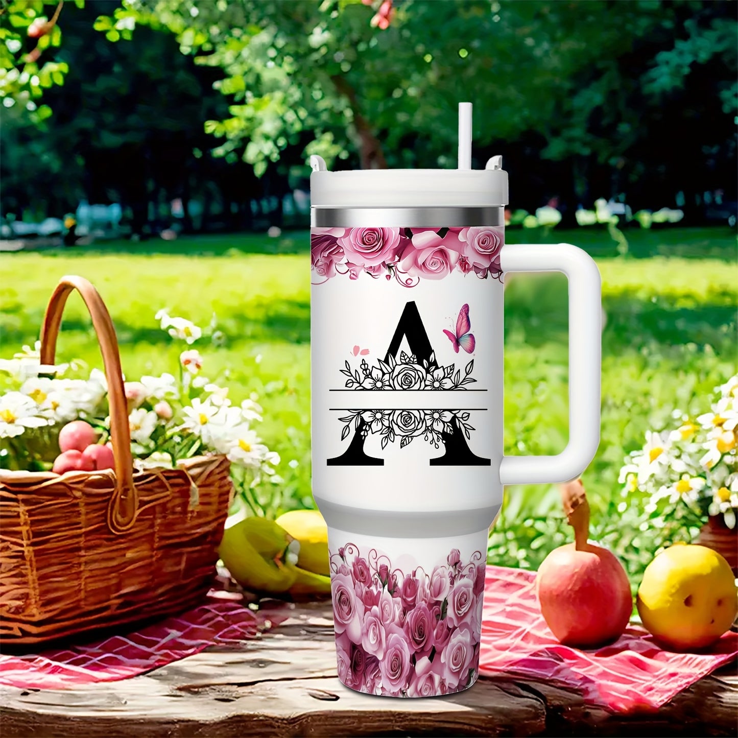 MIKENDA 1pc 40oz "A-Z Custom Letters & Name" Stainless Steel Travel Cup with Lid And Straw. Coffee Cup, Kitchen Drinkware. Great Gift for Women, Friends, Parents.for Mother's Day, Holidays. for Home & Outdoor Use.Halloween &