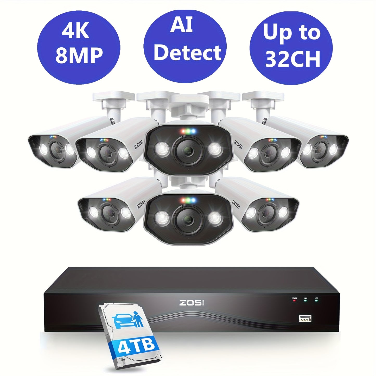 ZOSI 16CH 4K PoE NVR Home Security Camera System, 8 Cameras 4K C182 Audio Outdoor PoE Cameras with Color Night Vision, Person Vehicle Detection, 2 Way Audio, Pre-installed 4TB HDD, Outdoor Surveillance, Property Protection, P