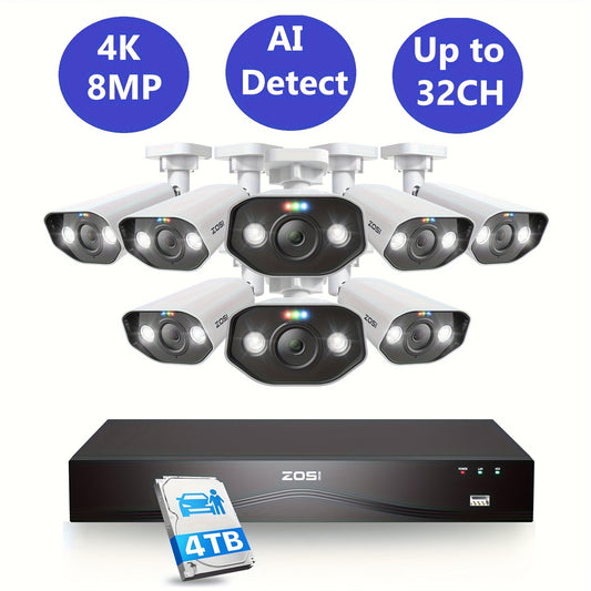 ZOSI 16CH 4K PoE NVR Home Security Camera System, 8 Cameras 4K C182 Audio Outdoor PoE Cameras with Color Night Vision, Person Vehicle Detection, 2 Way Audio, Pre-installed 4TB HDD, Outdoor Surveillance, Property Protection, P