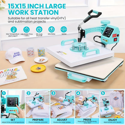 15"x15"/15"x12" - 8in 1/5in 1 Heat Press Combo, Rotatable Design, Multi-Size Transfer Professional Sublimation Kit, Suitable for T-Shirts, Bags, Pillows, Hats, Beanies, Rollers - Three-in-One Automatic Hat Press Only for Hats