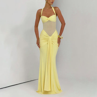Women's Elegant Ruched Halter Neck Maxi Dress, Slim Fit Summer Party Dress