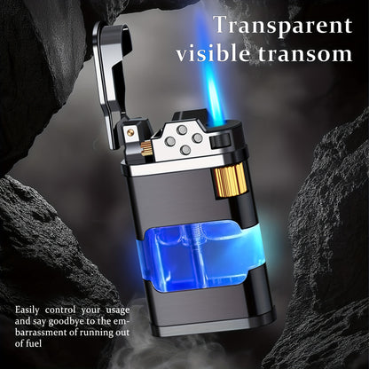 Windproof Blue Flame Butane Lighter with Transparent Gas Chamber & Wheel Ignition - Ergonomic Outdoor Lighter for Camping, Hiking, Candles - Durable Metal Construction, Perfect Gift for Dad, Boyfriend (No Butane Gas Included)