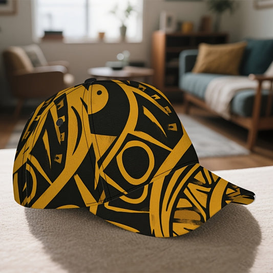 1pc 2D Aztec Spiral Maze Print Baseball Cap - Adjustable Snapback with Full-Body Design, Black & Yellow Pattern, Perfect for Sports, Street Fashion & Outdoor Running, Sports Headwear | Bold Headgear | Durable Headwear