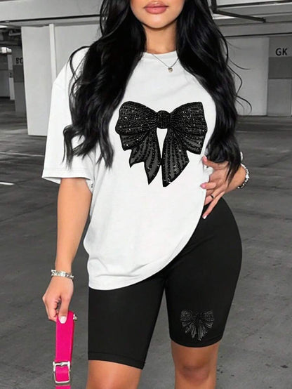 INAWLY 2pcs/Set Women Summer Letter Print Round Neck Short Sleeve T-Shirt And Shorts Casual Outfit